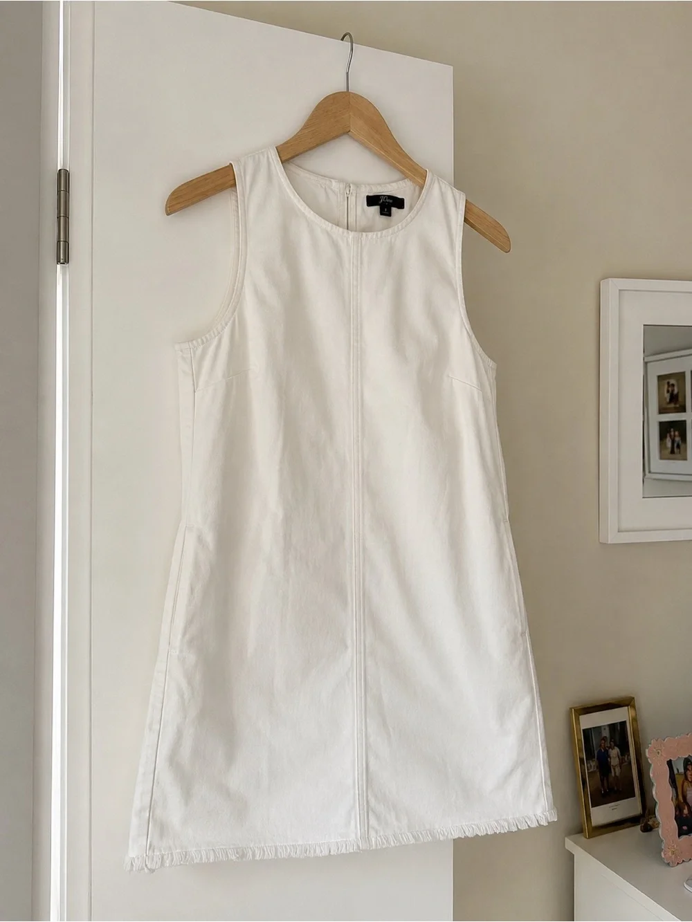 J. Crew White Sleeveless Shift Dress with Frayed Hem
